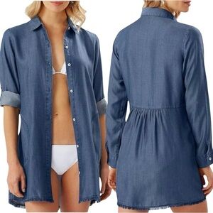 TOMMY BAHAMA Chambray Boyfriend Beach Shirt Dress S NWT